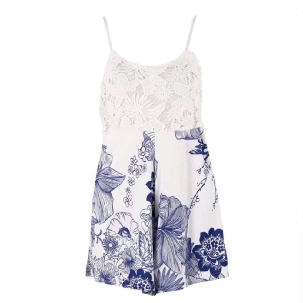 White Lace Blue Floral Cami Romper - Picture 3 of 5